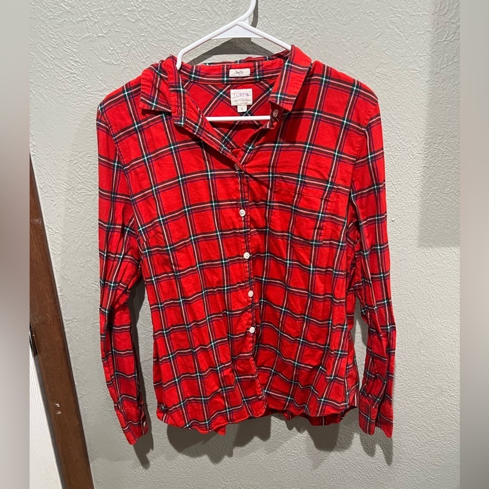 J.Crew Red Plaid Boyfit Shirt Size L EUC Perfect Holiday Christmas Plaid Shirt